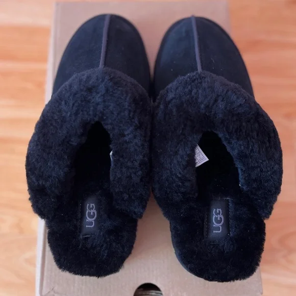 Black Suede Fur-Lined Ugg Slippers - Picture 2 of 7
